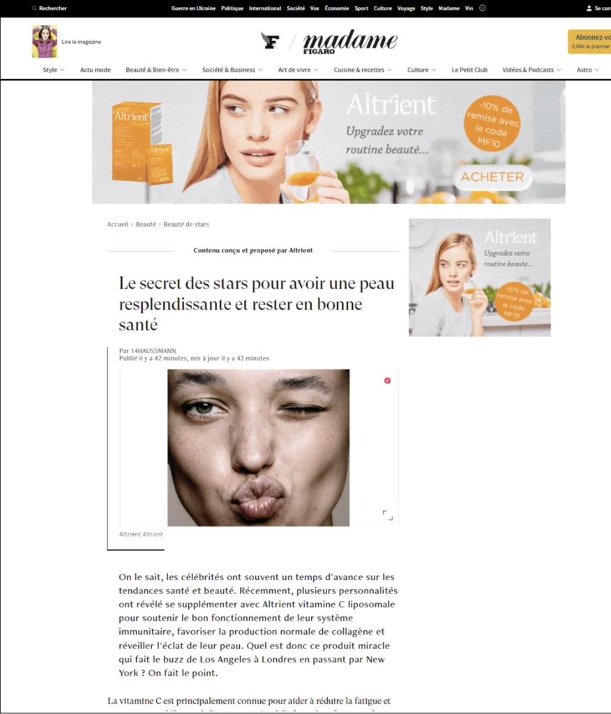 Altrient liposomal vitamin C in Madame Figaro native advertising - Inhouse Publicity agency