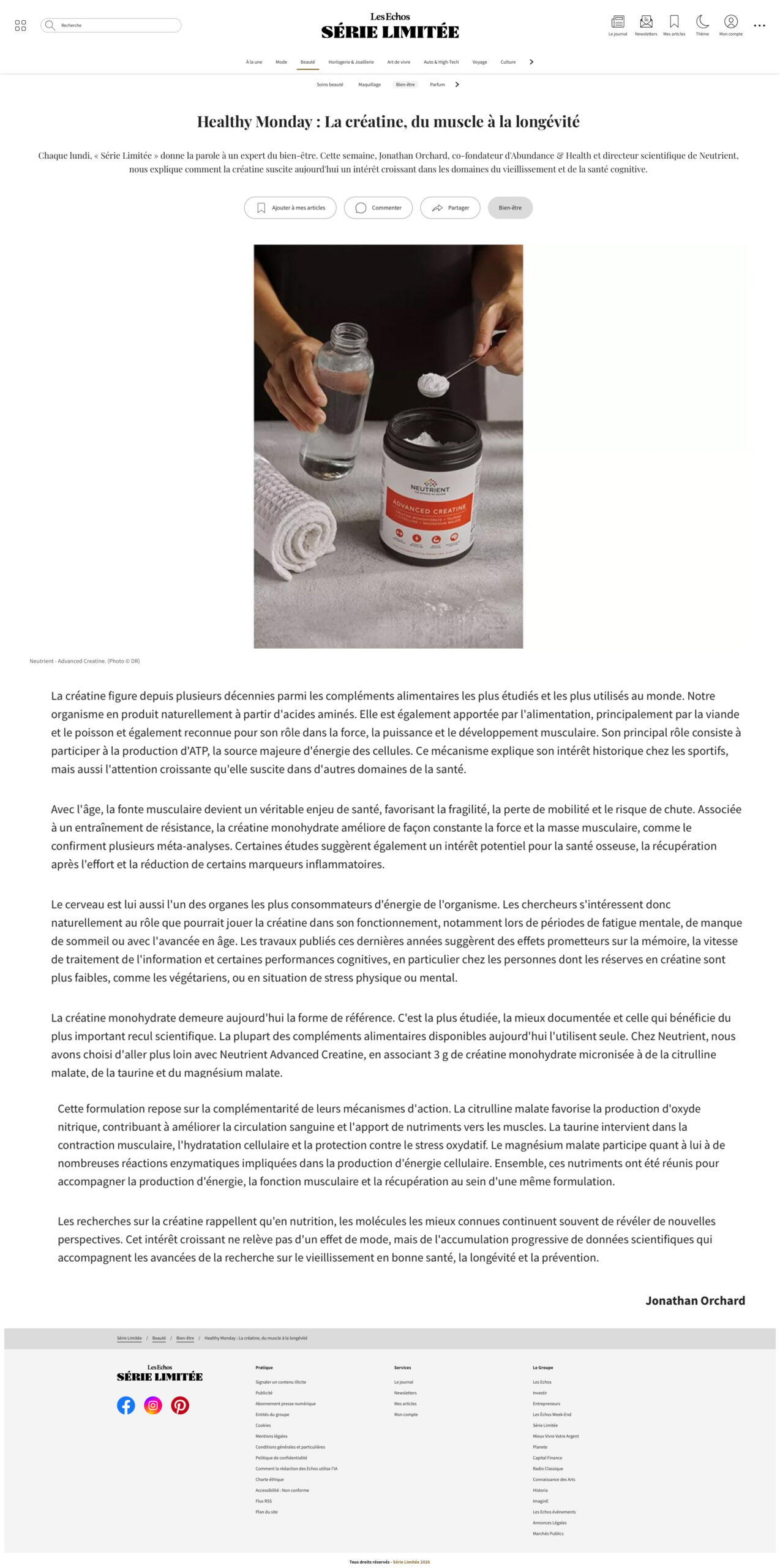 Les Echos - Healthy Monday _ La créatine, du muscle à la longévité - Série Limitée LES ECHOS SÉRIE LIMITÉE - Neutrient Advanced Creatine